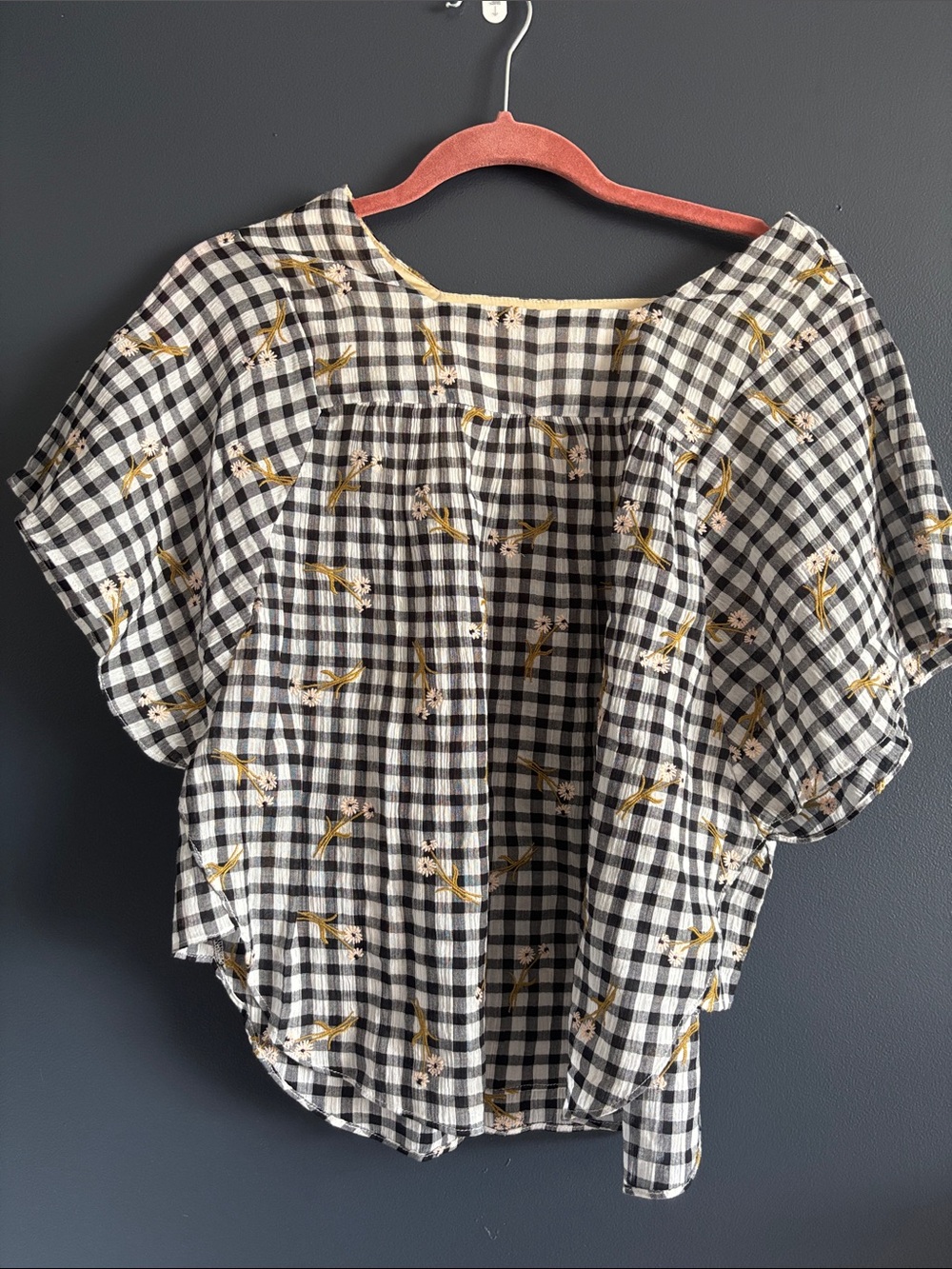 Madewell Black & White Gingham Top with Mustard Floral Motif